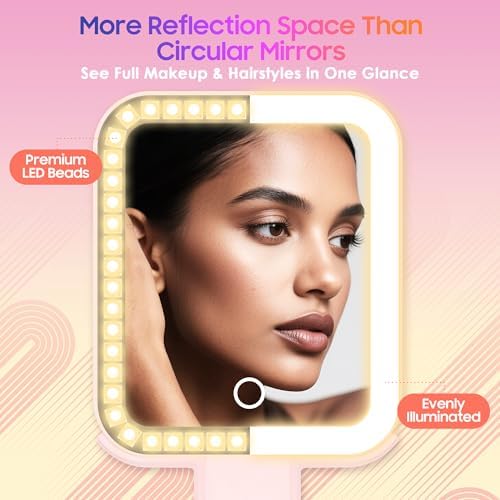 GOMIPURU Magnifying Travel Mirror with Light, 30X/1X Double-Sided Magnifying Mirror with 3 Color Lights, Brightness Adjustable, Foldable Handheld Makeup Mirrors Portable for Travel and Desktop, Rosy