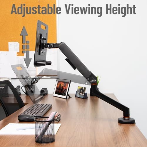 Mind Reader Gas Spring Laptop Desk Mount, Fits 11.6–17.3" Laptops or Monitors, 180° Rotate, 13.2 lb Capacity, Single Arm with Integrated Cable Management, Adjustable Tilt/Swivel, Black