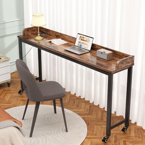 Ytaoka 70.8" Standing Desk with Charging Station, Extra Long Desk on Wheels for Standing and Sitting, Sofa Table Behind Couch with Power Outlets and USB Ports, Easy Assembly, Walnut