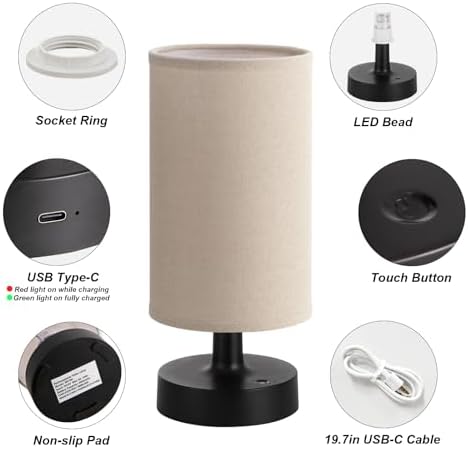 Kakanuo Cordless Table Lamp Rechargeable Small - 1 Pack Linen Black, 4000mAh Battery Operated Lamp with Touch Control Stepless Dimming, Wireless Lamp for Bedside, Nightstand, Bedroom, Living Room