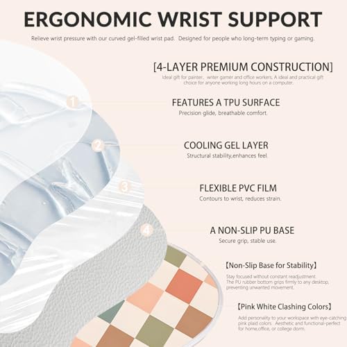 Gel Mouse Pad with Wrist Rest for Mouse Ergonomic Mouse Wrist Rest Non-Slip Silicone Checkered Mousepad with Wrist Support for Computer Desk Gaming Laptop Home Office Desk Accessories Beige Plaid