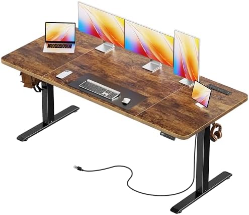 Huuger 63 X 24 Inch Electric Standing Desk with Power Outlets and USB-C Port, Height Adjustable Desk, Sit Stand Desk for Home Office, Computer & Gaming Desk, Stable Steel Frame, Rustic Brown