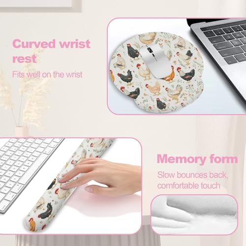 Rooster Hen Chicken Meadow Ergonomic Wrist Support Keyboard Mouse Wrist Rest Set, Computer Office Comfortable Wrist Rest for Mouse Easy Typing