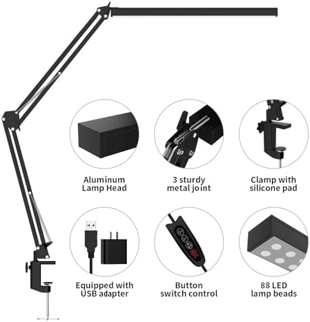 LED Desk Lamp, Manicure Table Lamp, Eye-Caring Drafting Light, Dimmable Office Table Lamp with 3 Color Modes, 10 Brightness Levels & Adapter, Memory Function(Black)