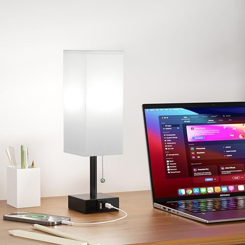 White Bedside Table Lamp for Bedroom - Desk Lamp For Nightstand, USB C+A