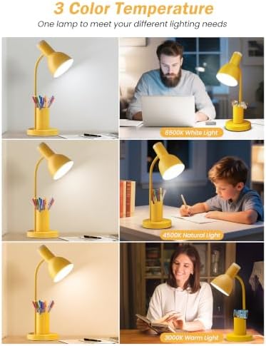 LED Desk Lamp for Home Office, Table Lamp with Pen Holder, 3 Color Modes Reading Light, Eye-Caring Desk Light with Gooseneck, Metal Study Lamp for Dorm Bedside Bedroom (Yellow lamp)