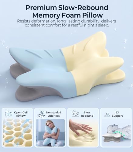 Cervical Neck Pillow for Pain Relief, Bed Pillows for Sleeping, Ergonomic Cooling Pillow, Orthopedic Contour Pillow for Side Back Stomach Sleepers (Sky Blue & Grey)