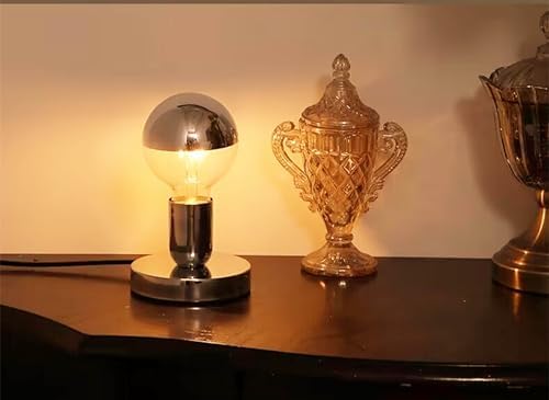 Simple Unique Lamp Base Only,Mini Bedside Table Lamp Bases,E26 Edison Light Bulb Stand Lamps for Small Spaces,Minimalist Desk Lamps Set w/ 5.8ft White Cord Switch Plug,No Bulb,Silver/Chrome,S