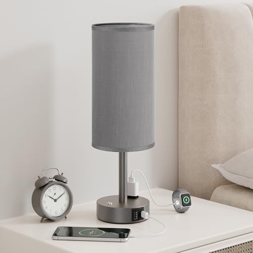 Grey Touch Bedside Lamp for Bedroom, Stepless Dimmable, USB A+C, AC Outlet