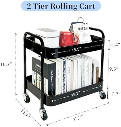 2 Tier Short Rolling Cart with Wheels for Under Desk Storage & Panrty Floor Organizer, Large Capacity Metal Kitchen Utility Cart, Sturdy Makeup Organizer for Small Space with 4 Hooks, Black