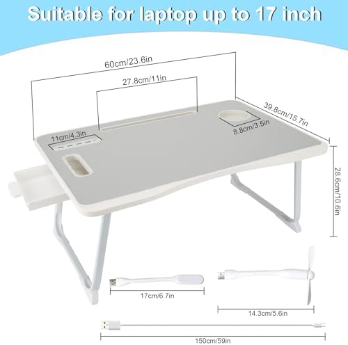 Laptop Bed Table, Laptop Desk for Bed, Foldable Laptop Bed Desk with USB Charge Port, Handle, Desktop Card Slot, Cup Slot, Side Drawer, Portable Laptop Table for Bed Eating Reading Working
