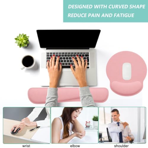 Keyboard Wrist Rest Pad Mouse Pad with Wrist Support Set of 3, Mousepad with Non-Slip Rubber Base, Ergonomic Memory Foam Mouse Wrist Cushion Support for Home Office Laptop Computer, Pink