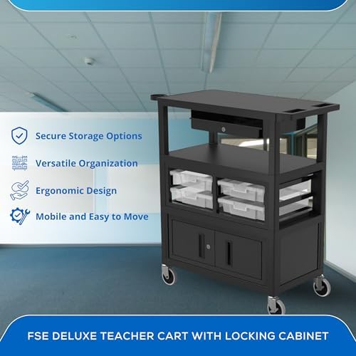 A-to-Z 289-ECMBSKBC-B Luxor 32" x 18" Deluxe Teacher Cart – Locking Cabinet, Storage Bins, Retractable Keyboard Tray, Pocket Chart Hooks, Cup Holder, Ergonomic Handle, Mobile Design, 4" Casters