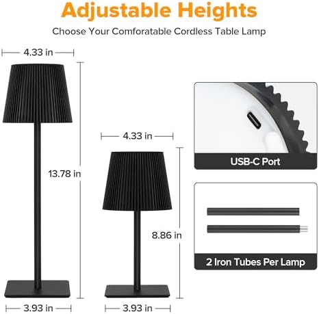 LUTEC 2 Pack Cordless Table Lamp,6000mAh Rechargeable Battery Operated Desk Lamp,Two Adjustable Heights,Waterproof, Touch Control & 3 Color Stepless Dimming for Restaurant/Bedroom/Bars/Outdoor (Black)