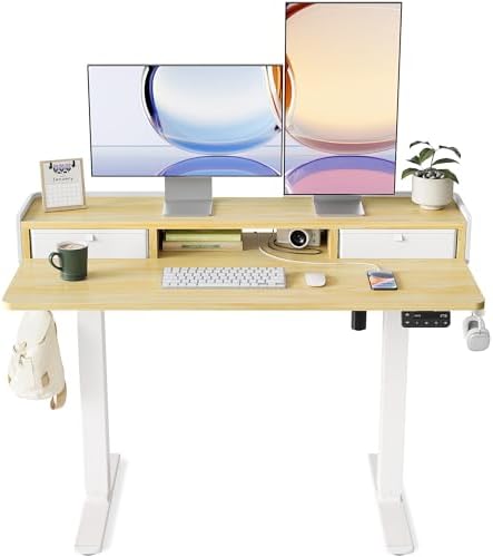 YIHAYO Electric Standing Desk with Drawers, 48 x 24 Inches Adjustable Desk with Storage Shelf, Stand Up Desk with Splice Board, Computer Table for Home Office, White Frame/Natural Top