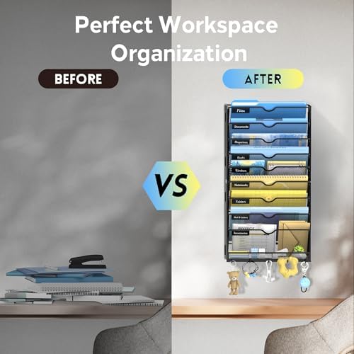 SUPEASY 10-Tier Wall File Organizer with Hooks, Wall Mounted Mail Organizer