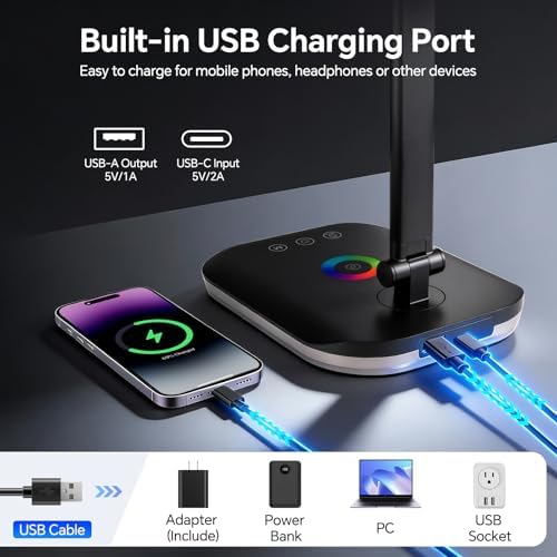 Bright LED Desk Lamp for Office Home, 10%-100% Dimmable Brightness & 5 Color, 800 Lumen Puzzle Light, Eye Caring Desk Light for Reading, Craft, Puzzl, Daily Use | USB desk lamp | 45 Min Timer | RGB