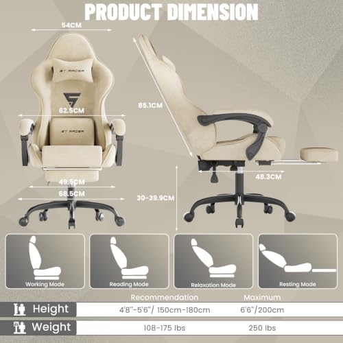 Ferghana Ergonomic Velvet Gaming Chair with Massage, Footrest & Reclining High Back, Racing Style Computer Desk Chair for Adults, Home Office Use, Beige