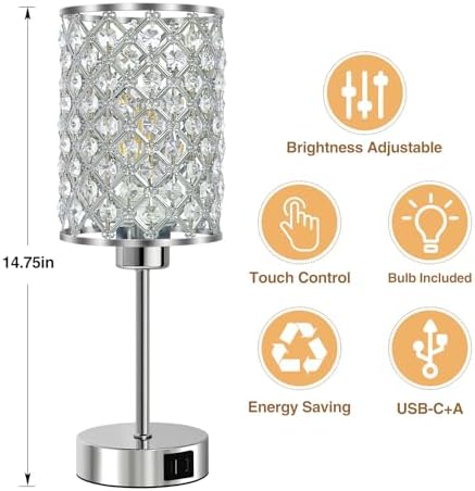 GyroVu Silver Crystal Bedside Table Lamps Set of 2 with USB C+A Ports