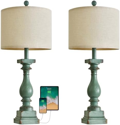 BOBOMOMO 27" Farmhouse Table Lamp Set of 2 with USB A+C for Bedroom Living Room Vintage Rustic Traditional Nightstand Bedside Lamps Retro Side Table Lamps (Green)