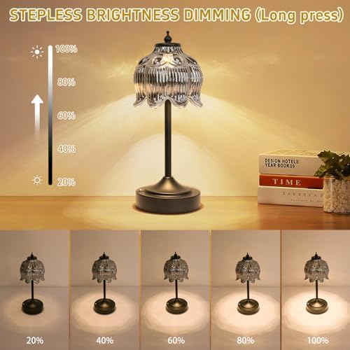Cordless Table Lamp, Rechargeable Black Glass Lotus Flower Lamp