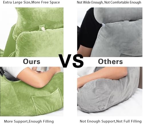 Reading Pillow-Extra Large 31" Bed Rest Pillow with Detachable Neck Roll & Arms for Sitting in Bed or Couch-Backrest Reading Pillow Adult Back Pillows for Reading/Watching TV/Gaming/Relaxing-Green