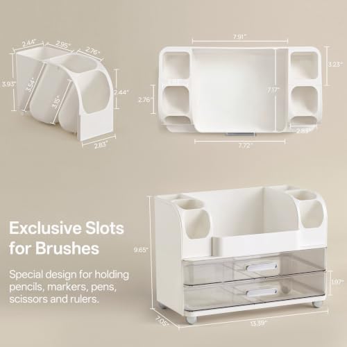 HBlife Desk Organizer with Pencil Pen Holder for Desk, Pen Organizer with 2 Drawers, Desk Organizers and Accessories with Compartments, Desktop Storage for Office, Home, School, Art Supplies, White