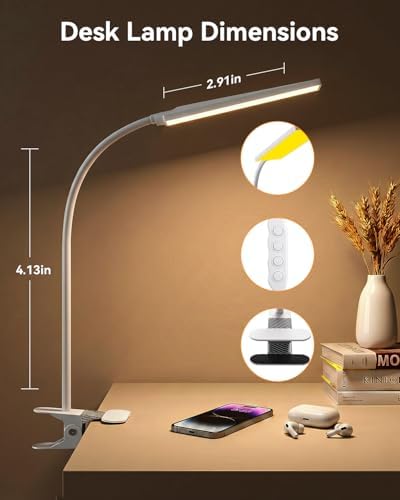 Eye-Caring Adjustable LED Reading Clamp Desk Lamp with 48 LEDs Flexible Neck, 3 Color Modes & 11 Brightness Levels for Office Bedroom Study (White)