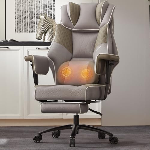 Dowinx Big and Tall Office Chair 400 Lbs with Rotating Massage Lumbar Support, Thick Seat Cushion and Adjustable Armrest,Computer Gaming Chair with Footrest,Mesh Grey