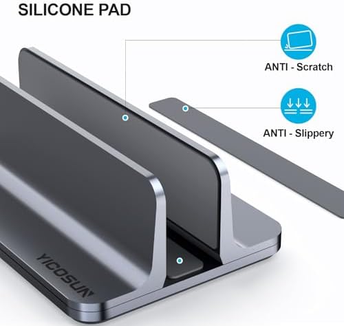 YICOSUN Aluminum Vertical Laptop Stand for Desk - Adjustable Width Dock for MacBook, Surface, Samsung, HP, Dell up to 17.3 inches - Space-Saving & Protective Design - Gray