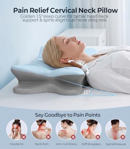 Cervical Neck Pillow for Pain Relief, Bed Pillows for Sleeping, Ergonomic Cooling Pillow, Orthopedic Contour Pillow for Side Back Stomach Sleepers (Sky Blue & Grey)