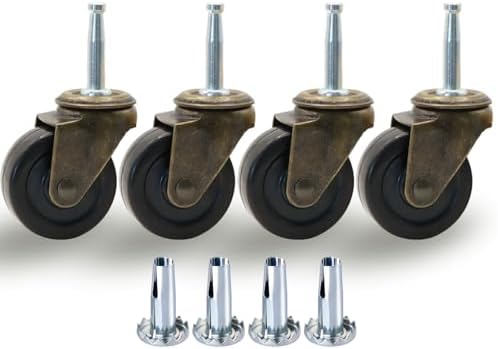2 Inch Antique Brass Caster Wheels, Rubber Casters 5/16 Inch x 1-1/2 Inch (8 x 38mm) Stem SocketsCaster for Sofa, Chair, Cabinet, Dresser Vintage Furniture Set of 4