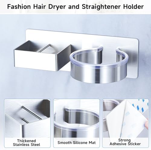 Hair Dryer Holder Wall Mounted, Hair Straightener Holder, Blow Dryer Holder Adhesive, Hair Tool Organizer for Flat Iron, Hairdryer, Curling Iron Holder for Bathroom Vanity Barber Shop (Silver)
