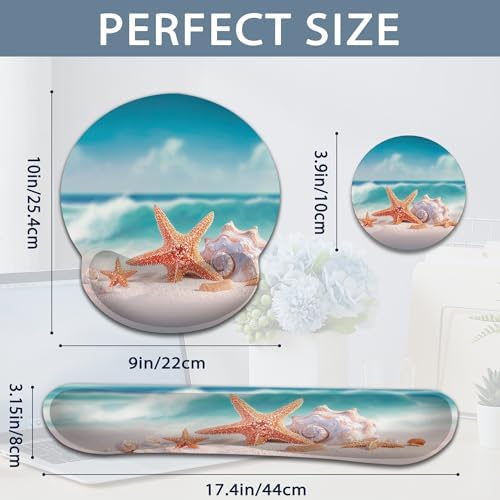 Starfish Wrist Rest Support for Mouse Pad Keyboard Set, Shell Beach Mouse Pad with Non Slip Rubber Base for Home and Office Typing Support