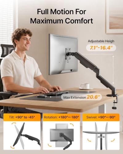 monTEK Aluminum Single Monitor Arm for 17-32" Screens, Holds 19.8 lbs