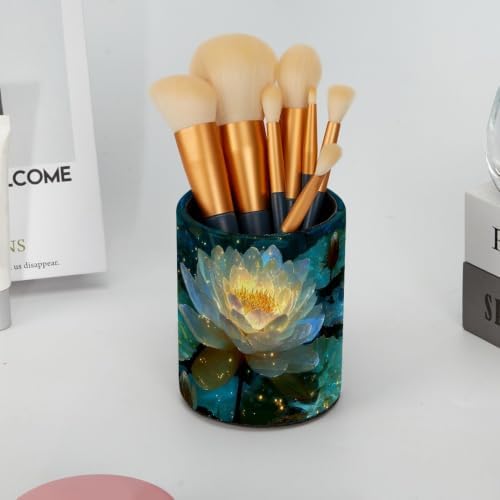 Leather Pen Holder for Desk, Water Lilies Pencil Cup Pen Organizer Makeup Brush Holder for Office Home Kids Countertop Desk Accessory Storage