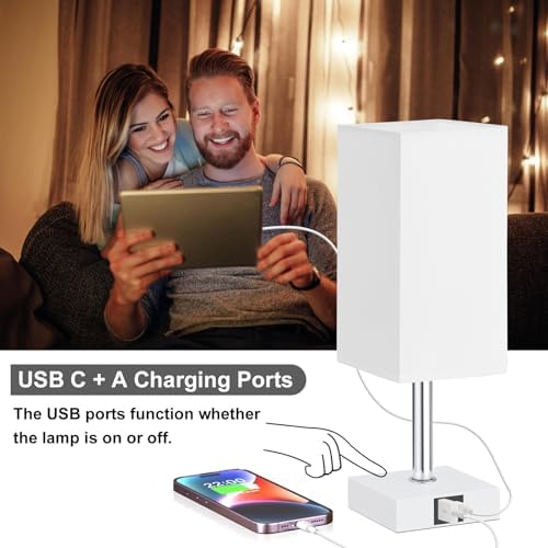 Touch Table Lamp for Bedroom - Dimmable, USB C+A, White Lamphade White Base