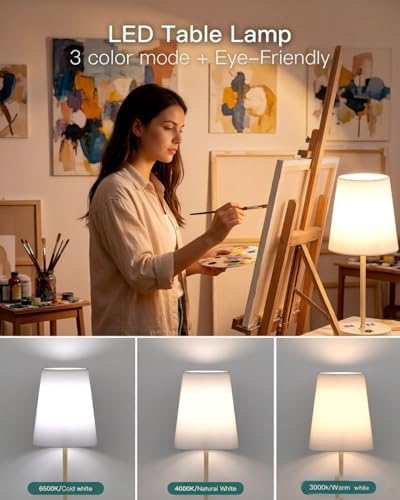 Addtam Bedroom Table Lamp, Bedside Lamp with AC Outlet and USB C Charging Ports(PD 20W), 3-Way Dimmable Lamp with Switch, Lamps with Shade for Night Stands, Living Room, Desk, and Home Office, 6.5Ft
