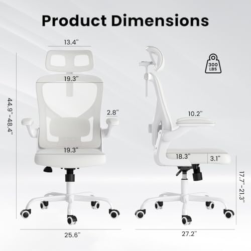 Ergonomic Office Chair, High Back Home Desk Chair with Headrest, 300 LBS Home Mesh Office Desk Chairs with Wheels, Comfortable Gaming Chairs (White)