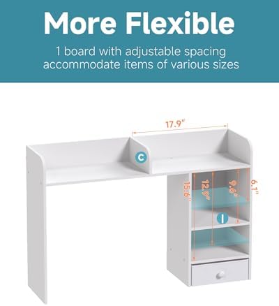 LAND·VOI Desktop Bookshelf with Drawer, Desk Hutch with 4 Storage Shelves for Computer Desk, Desk Shelf for Home Office Dorm, Dressing Tabletop, Bar Countertop, White