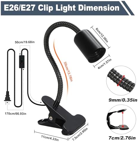 E26/E27 Clip-On Bulb Holder With 7.2Ft Switch Cable - Flexible Desk Lamp With Metal Clip, 9MM&35CM Thickened Lengthened Gooseneck Clamp Light Socket for Bedside Table