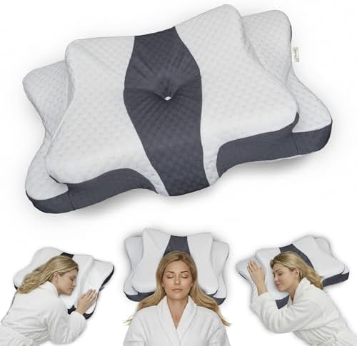 Ergonomic Cervical Neck Pillow for Sleeping – Memory Foam Cervical Pillow for Side Sleepers and Back Sleepers – Contour Neck Support (Grey/White)