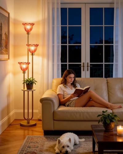 Lightdot Red Flower Glass Floor Lamp with Table Gold Floor Lamp 3-Light