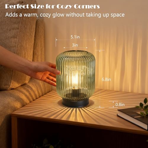 LUSHARBOR Battery Operated Lamp, Cordless Table Lamps for Home Decor, Battery Powered Nightlight with LED Bulb, Decorative Glass Beside Lamp for Bedroom Living Room-Green