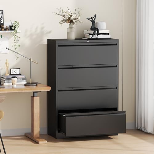 4 Drawer Lateral File Cabinet with Lock,Metal File Cabinet for Home Office,Heavy-Duty Steel Locking File Cabinet, Hanging Letter/Legal/A4 Size,Full-Extension Silent Drawer,Un-Assembly,Black