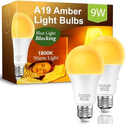 Amber Light Bulbs for Sleep 2 Pack:9W 1800K, 60W Equivalent, E26