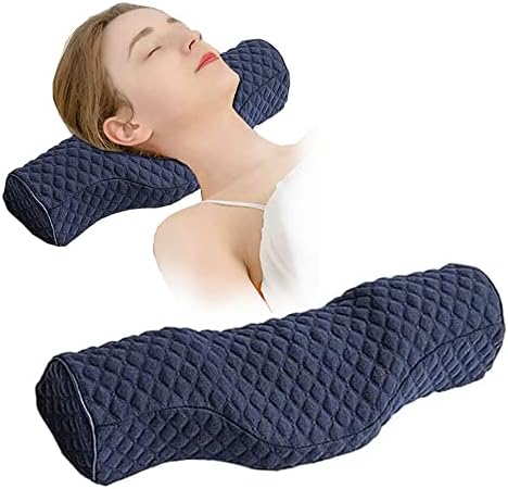 Cervical Neck Pillow for Pain Relief Sleeping, Neck roll Pillow Memory Foam for Stiff Neck Pain Relief ，Travel Bolster Pillow for Bed for Side Sleepers Back Sleeper. (Blue)