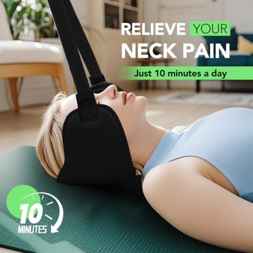 WEEOATAR Adjustable Neck Traction Stretcher Strap for Pinched Nerves, Portable and Easy to Use with Release Buckle, Neck Decompression Device Without Ear Holes for Indoors or Outdoors (Black 1)