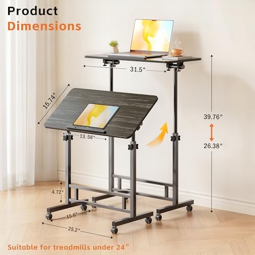 Adjustable Standing Desk - Rolling Portable Desk for Home Office, Black Portable Rolling Desk, Small Standing Desk with Wheels for Walking Pad, Study Room, Teacher