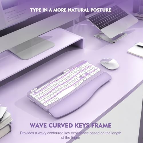 Wireless Keyboard and Mouse Combo, Full-Sized Ergonomic Wave Keys Keyboard with Memory Foam Wrist Rest & Phone Holder, 2.4G Quiet Keyboard Mouse Work Setup for PC Laptop, Office or Home (Purple)